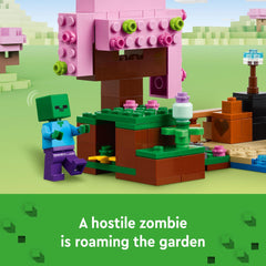 LEGO Minecraft Cherry Blossom Garden zombie figure introduces gentle battle-themed storytelling.