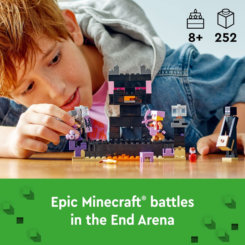 LEGO Minecraft Ender Dragon figure towers over the arena for epic battles.
