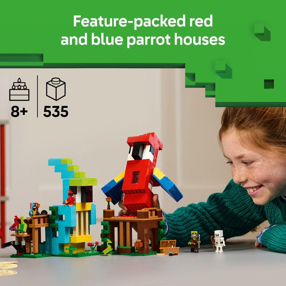 LEGO Minecraft Parrot Houses red house with wing feature and storage for storytelling adventures.