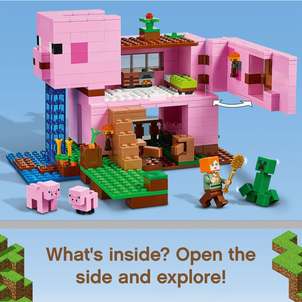 LEGO Minecraft pig house removable roof reveals hidden rooms for exploration.
