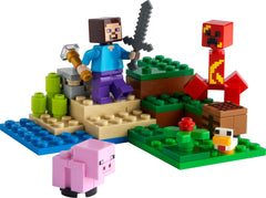 LEGO Minecraft The Creeper Ambush—iron ore and crafting table support imaginative building.