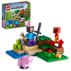 LEGO Minecraft The Creeper Ambush—Steve at the crafting table with iron ore, boosting creative play.