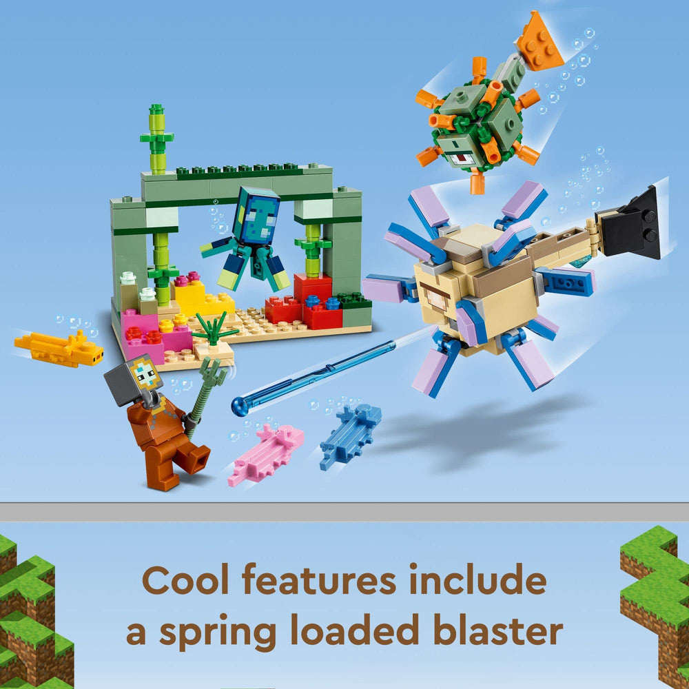 LEGO Minecraft The Guardian Battle guardian and elder guardian figures in action.
