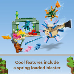 LEGO Minecraft The Guardian Battle guardian and elder guardian figures in action.