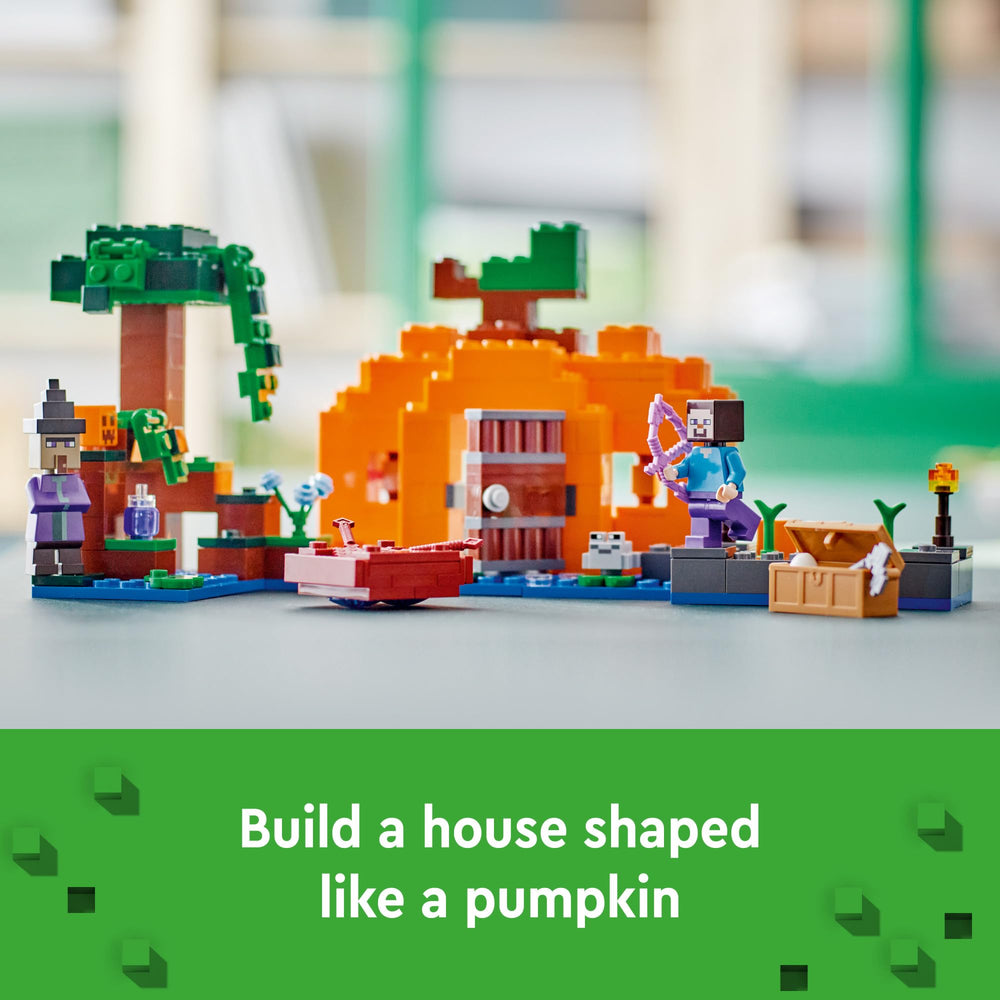LEGO Minecraft The Pumpkin Farm witch encounter — action-filled battles in a swamp setting