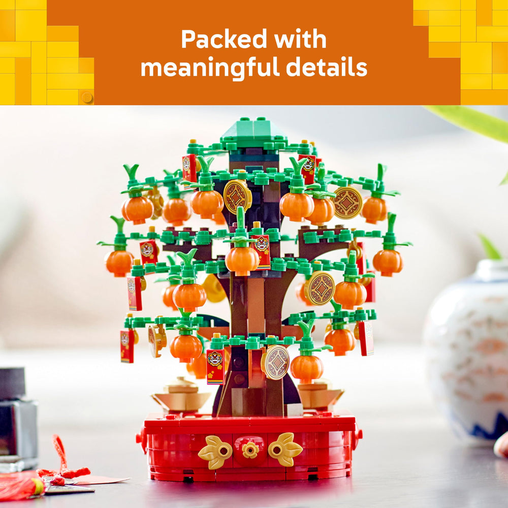 LEGO Money Tree red envelopes demonstrate festive symbolism during celebrations.