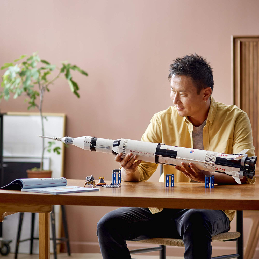 LEGO NASA Apollo Saturn V second stage reveals intricate panels and module connections for display fidelity