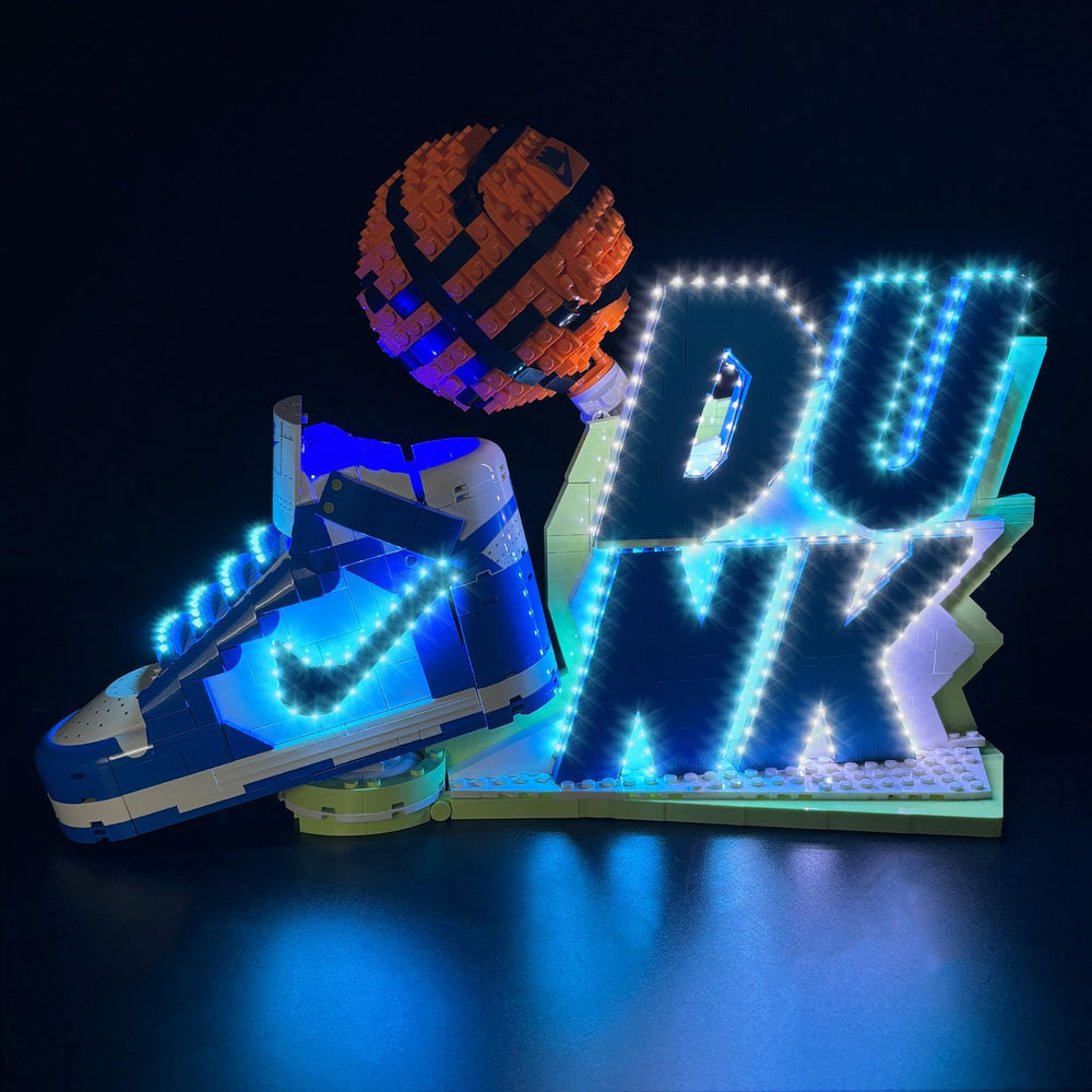 Lego Nike Dunk LED light kit inside enhances display with soft, even illumination.