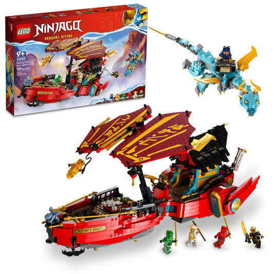 LEGO NINJAGO Destiny's Bounty airship front dragon view inspires imaginative aerial battles