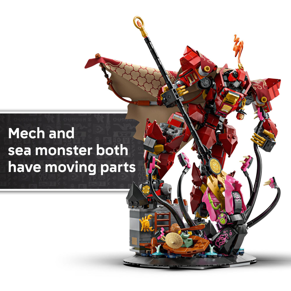 LEGO NINJAGO Fire Knight Mech on display stand in bold hero pose for room decor.