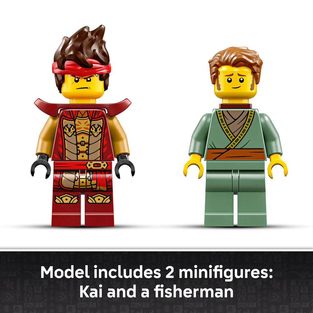 LEGO NINJAGO fisherman on a small boat watches the action for storytelling.