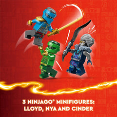 LEGO NINJAGO Lloyd, Nya, and Cinder minifigures ready for action