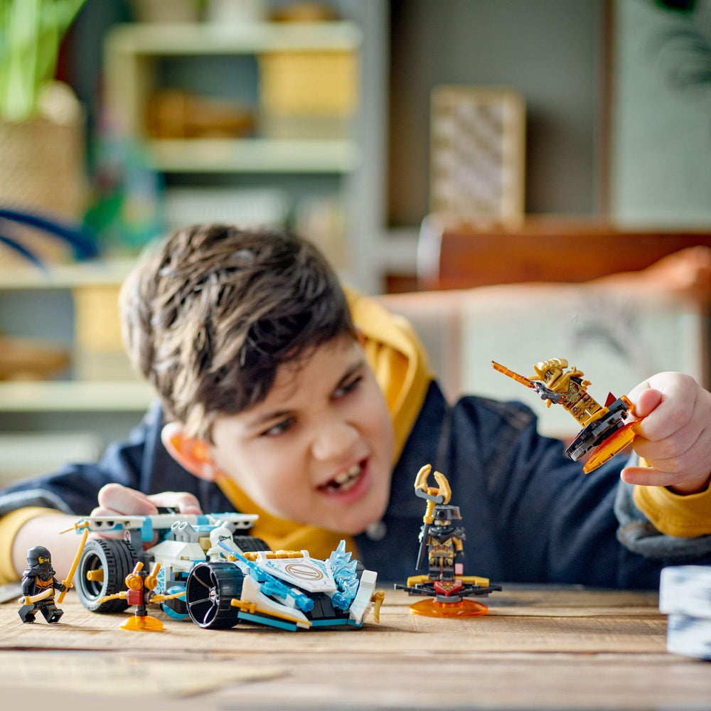 Zane minifigure with twin katanas for ninja duels in LEGO NINJAGO.