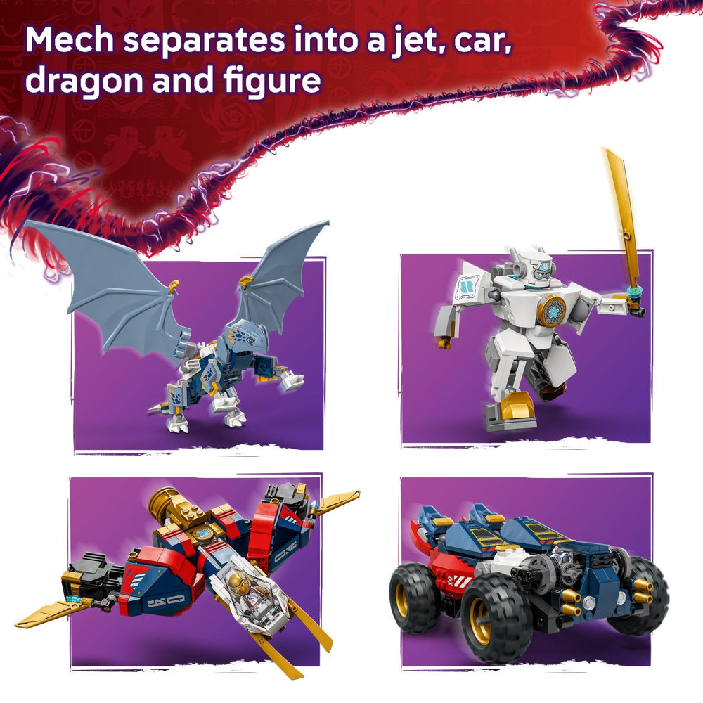LEGO NINJAGO Zane’s Ultra Combiner Mech car mode, great for fast-paced ground missions.