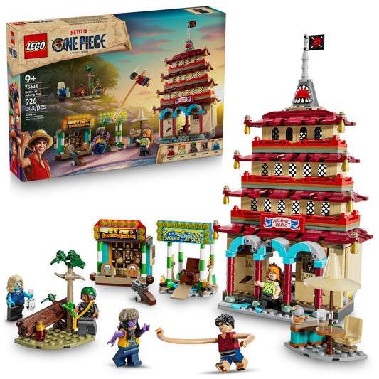 LEGO One Piece Battle at Arlong Park pagoda tower explodes for dramatic pretend battles
