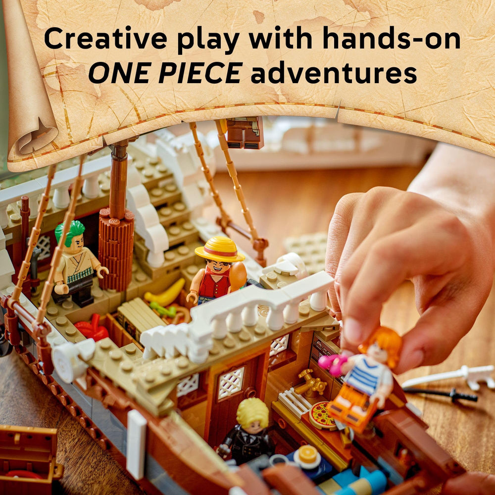 LEGO One Piece Going Merry figurehead cannon detail enhances authentic ship aesthetics.