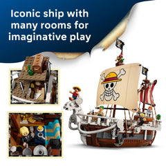 LEGO One Piece Going Merry interior reveals deck-level play areas and storage.