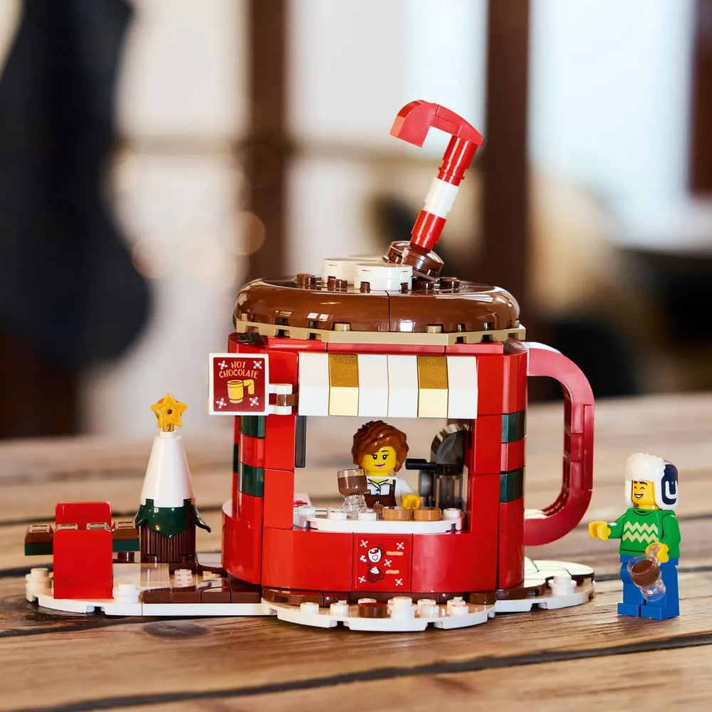 LEGO Seasonal Hot Chocolate Stand 40776 table with mug highlights cozy serving.