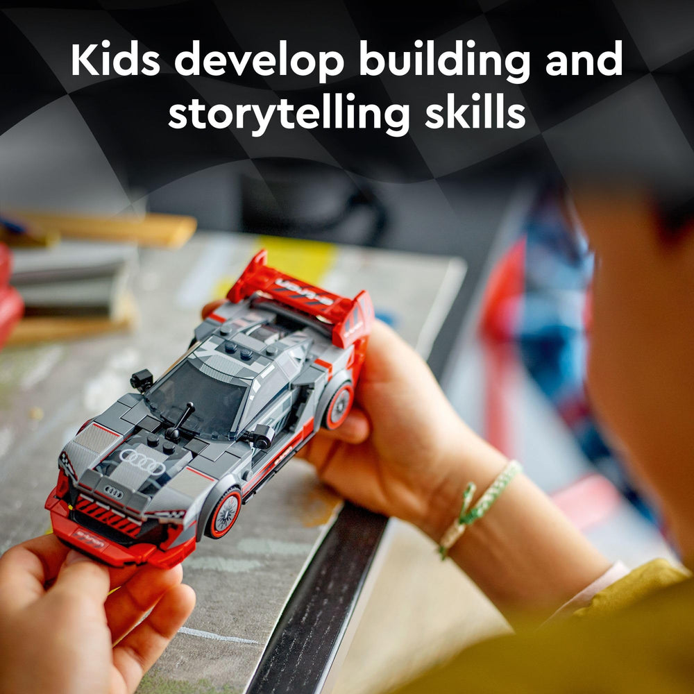 LEGO Speed Champions Audi S1 e-tron quattro race car minifigure with helmet enables action scenes.