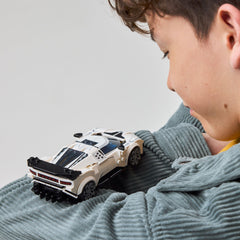 LEGO Speed Champions Bugatti Centodieci grille detail highlighting horseshoe badge