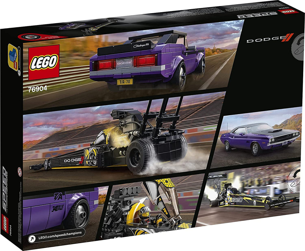 LEGO Speed Champions 1970 Challenger TA minifigures in Dodge outfits for racing scenes.