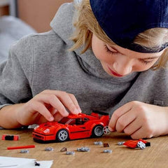 Ferrari minifigure with helmet ready for on-track LEGO racing scenarios.