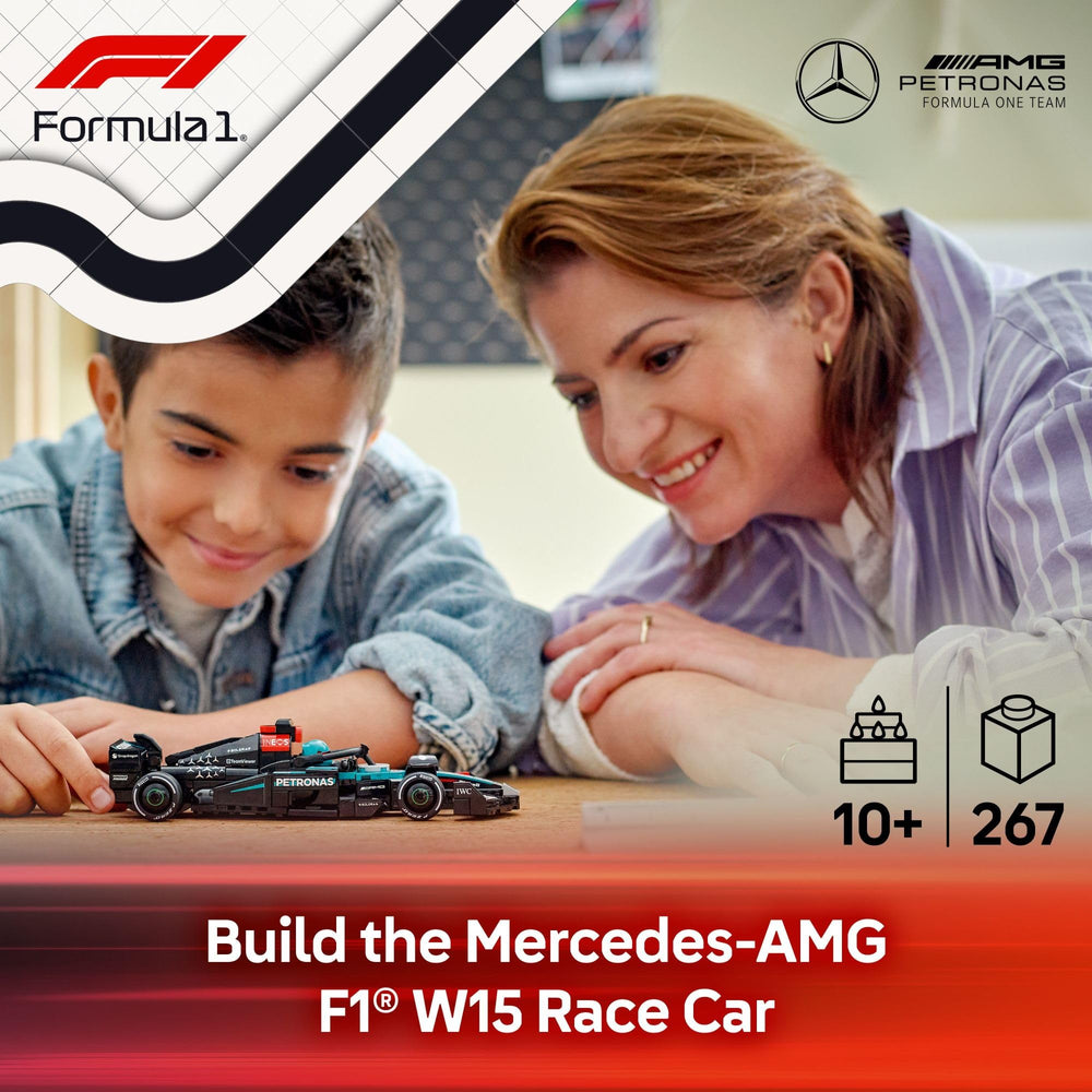 LEGO Speed Champions Mercedes-AMG F1 W15 cockpit interior with opening halo for interactive play