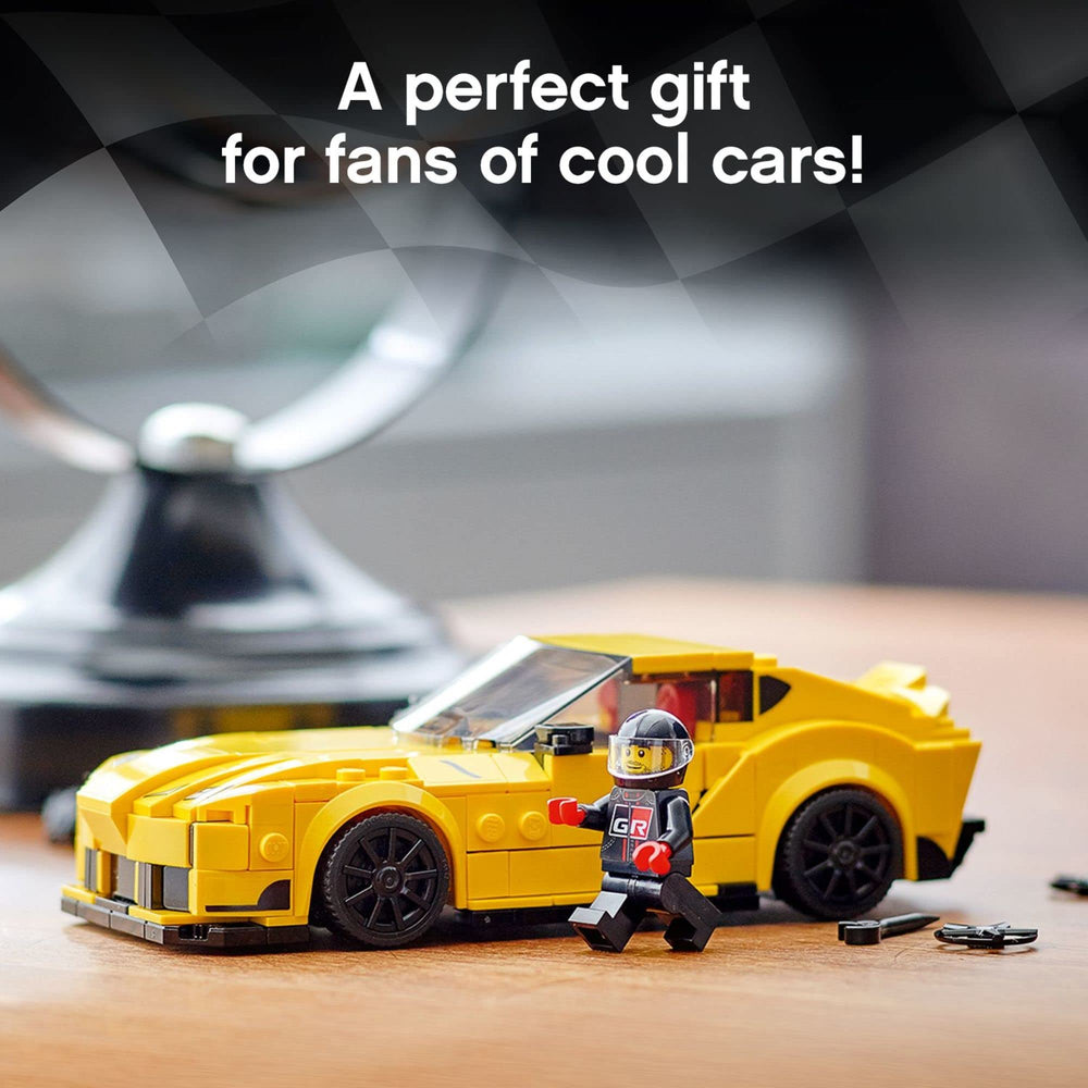 LEGO Speed Champions Toyota GR Supra 76901 driver minifigure in racing suit for role-play.