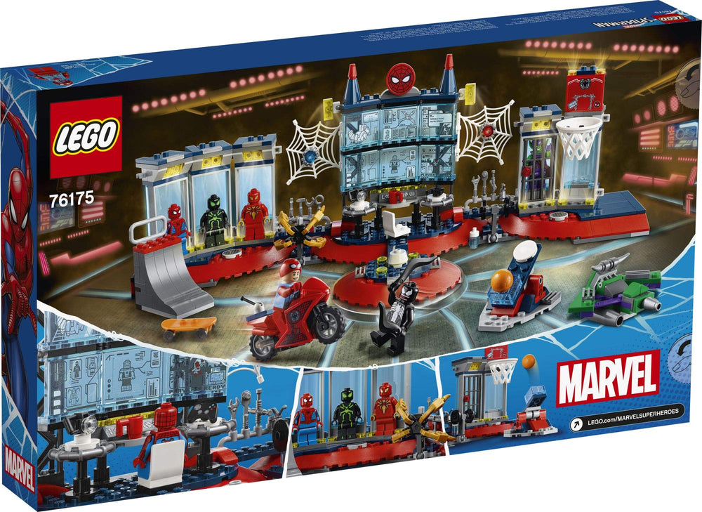 LEGO Spider-Man Attack on the Spider Lair—basketball hoop and skateboard ramp for dynamic setups.