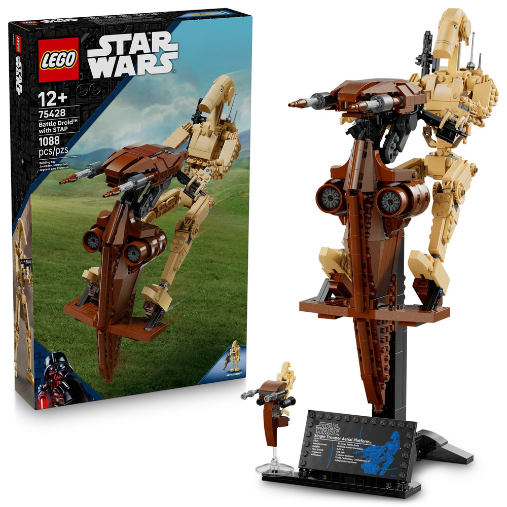 LEGO Star Wars Battle Droid on STAP assembly for immersive display.