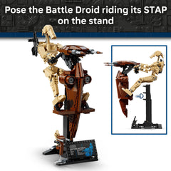 LEGO Star Wars Battle Droid on display stand with plaque.