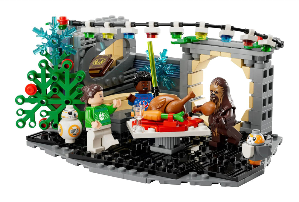 LEGO Star Wars Millennium Falcon Holiday Diorama lounge area with festive lights for imaginative play