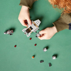 LEGO Star Wars Razor Crest Microfighter shown with buildable jetpack and blaster