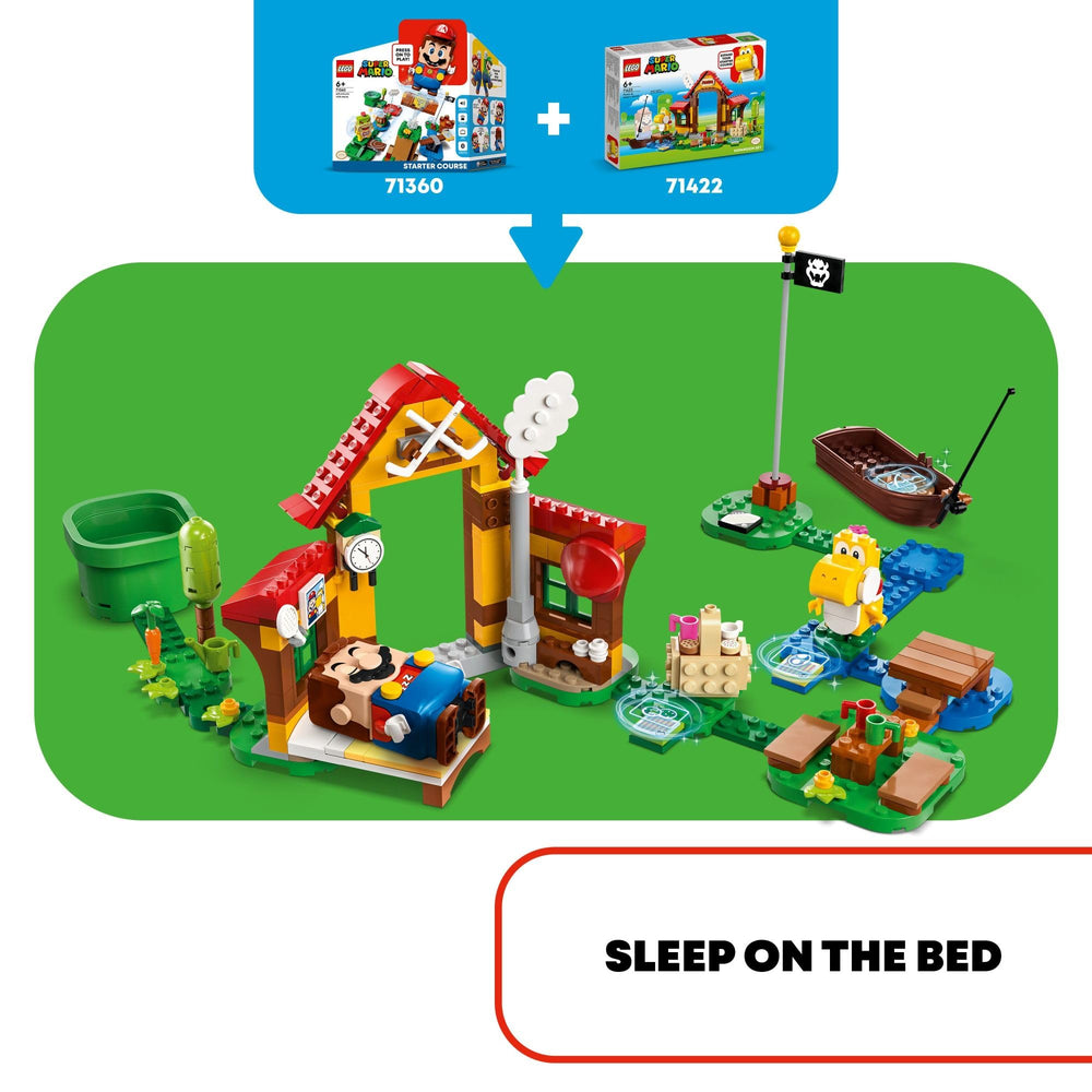 LEGO Super Mario picnic-table field hockey setup for active play.