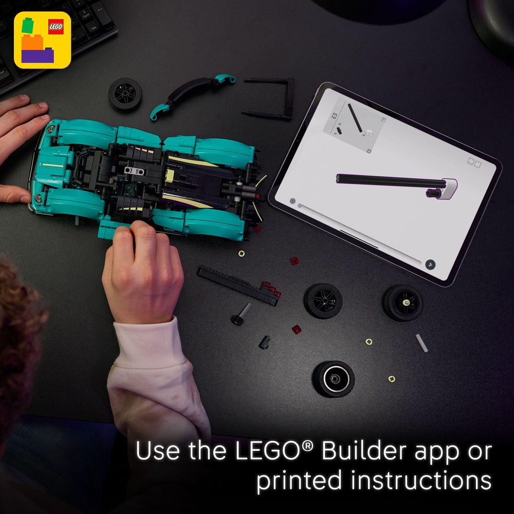 LEGO Technic Aston Martin Valkyrie teal wheel-assembly highlights mechanical realism for learning.
