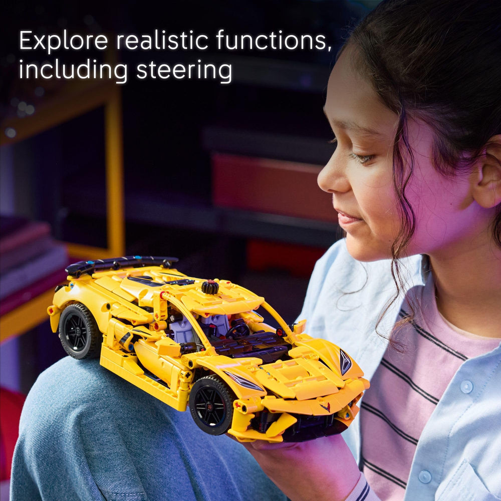 LEGO Technic Corvette Stingray vibrant color scheme on display