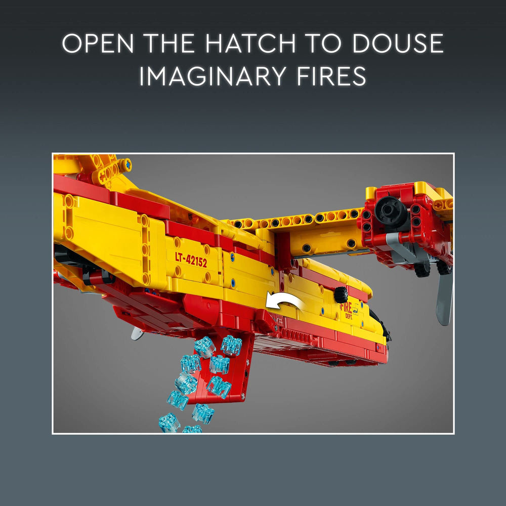 LEGO Technic Firefighter Aircraft tail flaps adjust for authentic flight dynamics.
