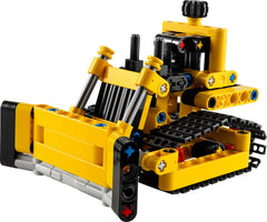 LEGO Technic bulldozer side view shows authentic engineering-inspired design.