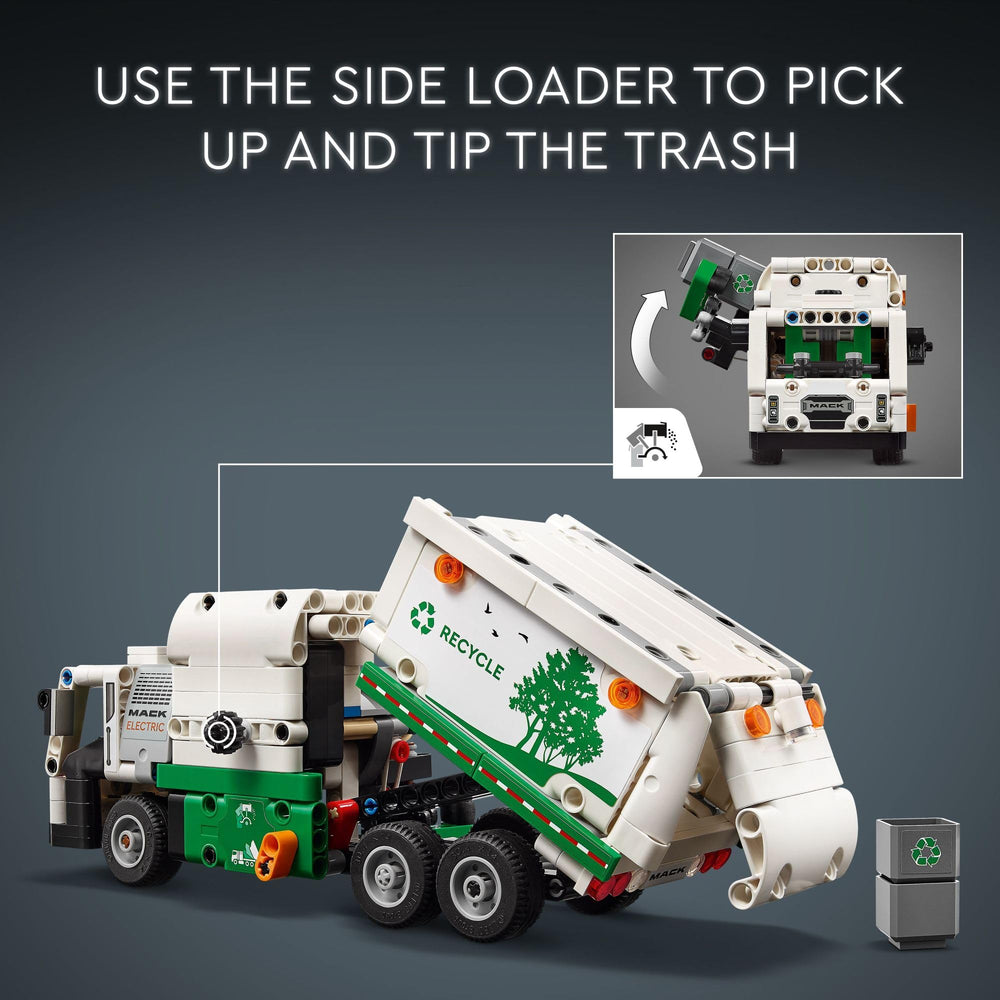 LEGO Technic Mack LR lift and tip feature demonstrates realistic garbage collection motions for pretend play.