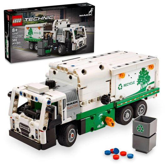 LEGO Technic Mack LR electric garbage truck side loader in action, perfect for imaginative recycling play.
