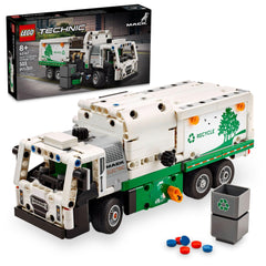 LEGO Technic Mack LR electric garbage truck side loader in action, perfect for imaginative recycling play.
