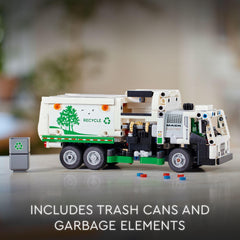 LEGO Technic Mack LR includes trash cans and garbage elements to spark recycling-themed scenarios.