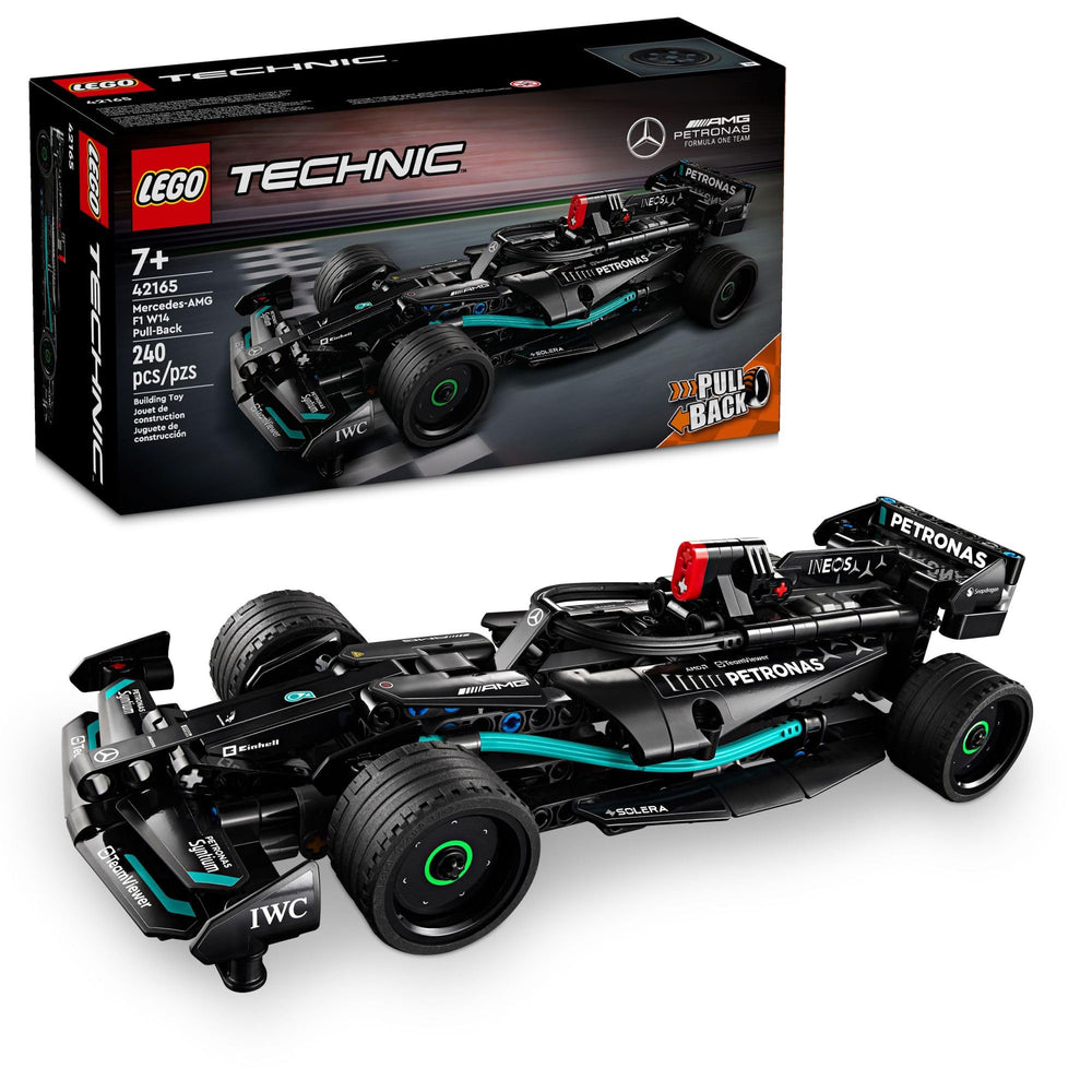 LEGO Technic Mercedes-AMG F1 W14 E pull-back car front view, ready for racing