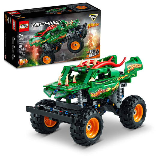 LEGO Technic Monster Jam Dragon Truck front view highlights spikes for dramatic play.