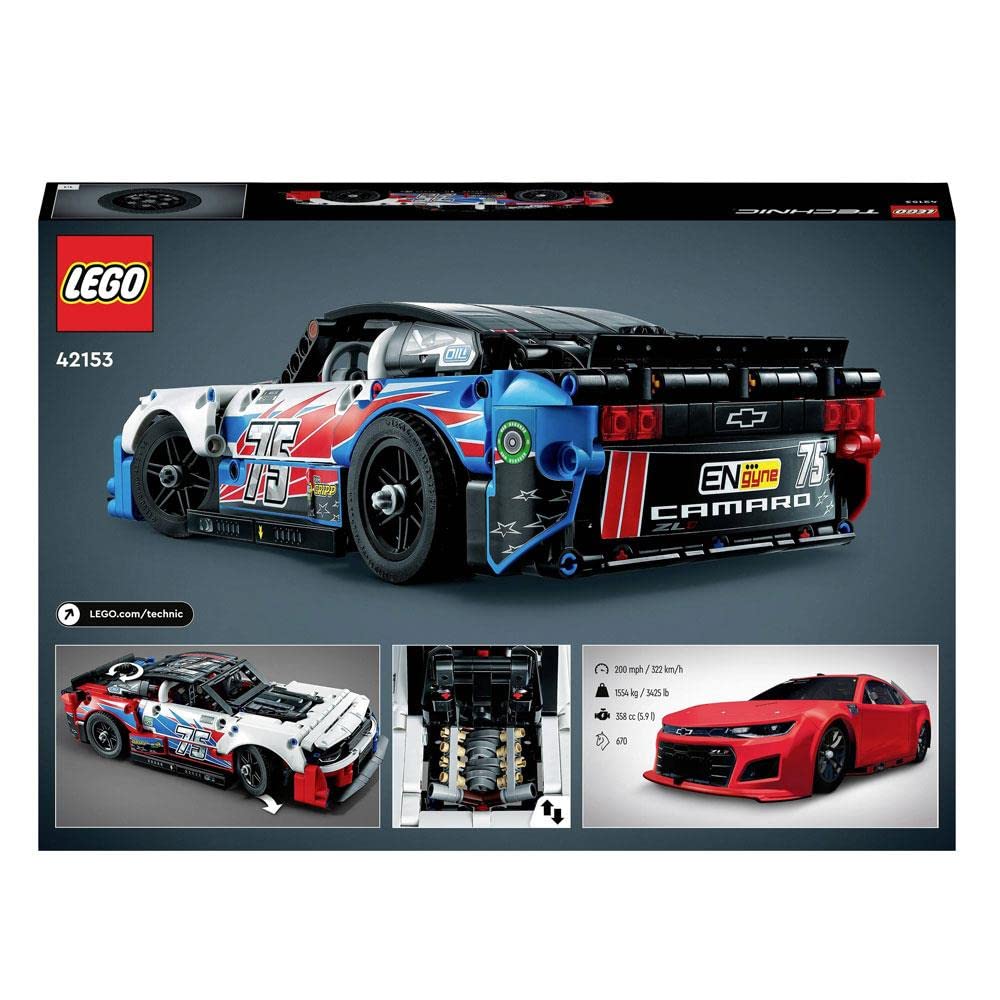 LEGO Technic NASCAR Camaro ZL1 model with open bonnet emphasizes realistic engine details.