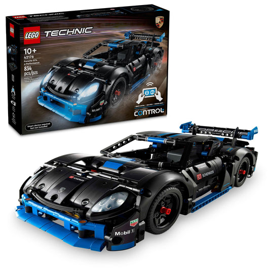 LEGO Technic Porsche GT4 e-Performance front view highlights authentic details for display and play