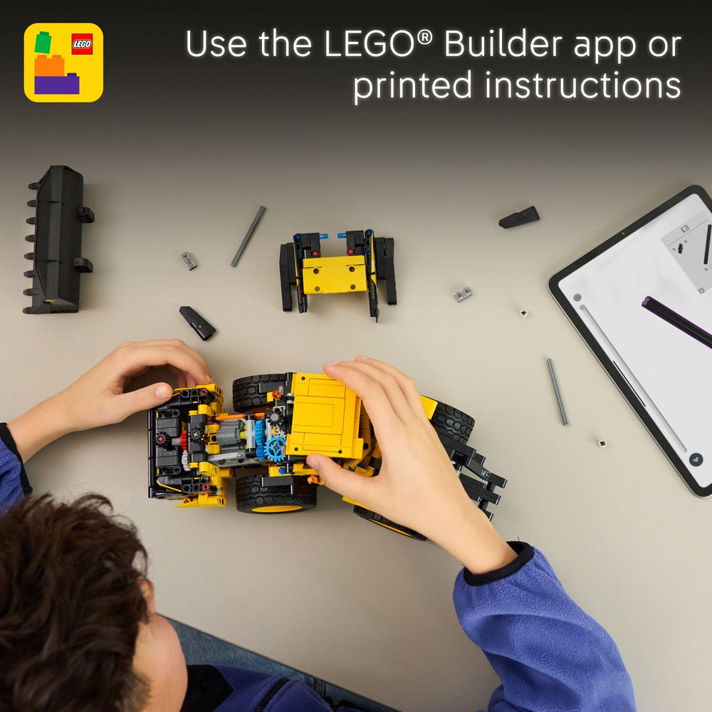 LEGO Technic Volvo L120 Electric Wheel Loader battery-themed detail promotes electric vehicle storytelling