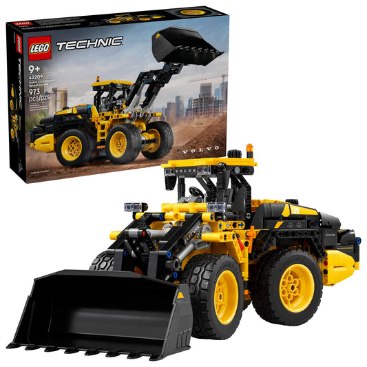 LEGO Technic Volvo L120 Electric Wheel Loader front view shows authentic scale and detail for immersive play