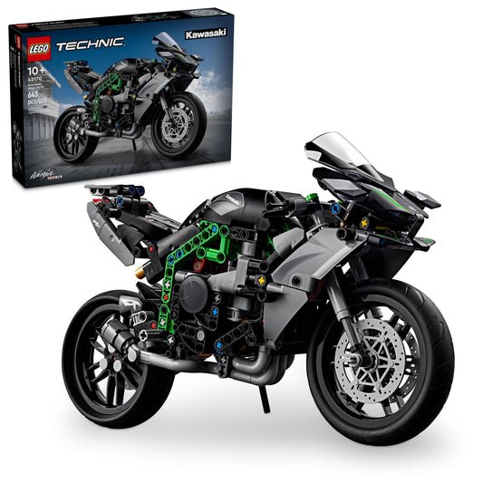 LEGO Technic Kawasaki Ninja H2R front view highlights racing styling for display