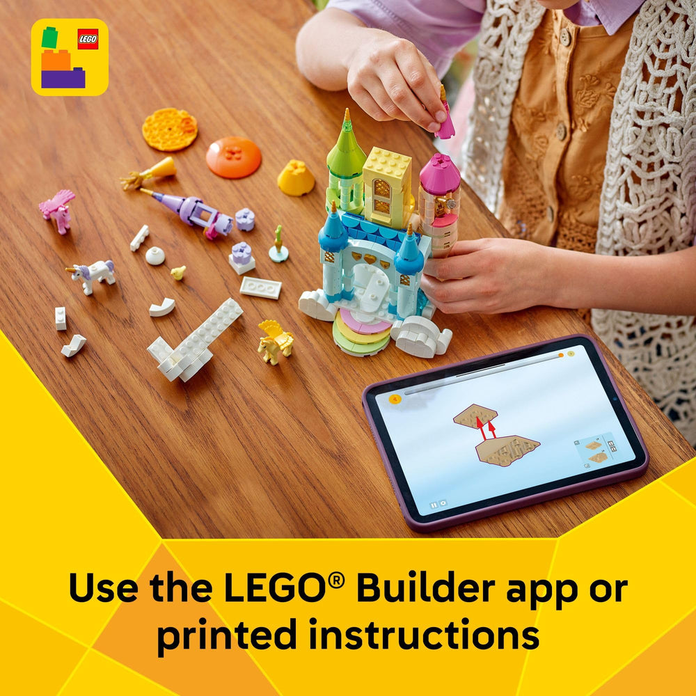 LEGO unicorn playground with forest cabin, garden, and picnic table ideas